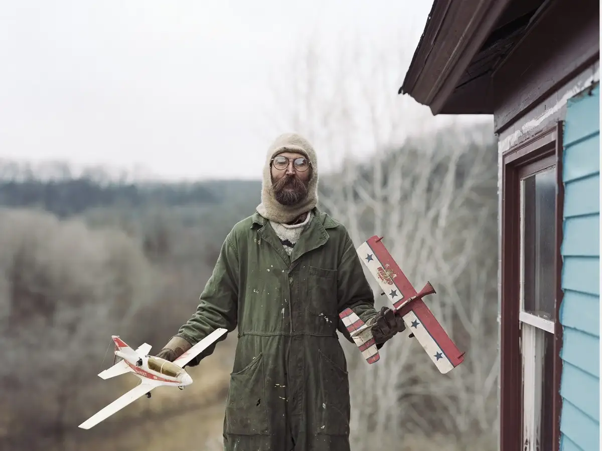 Alec Soth holding model airplanes outdoors