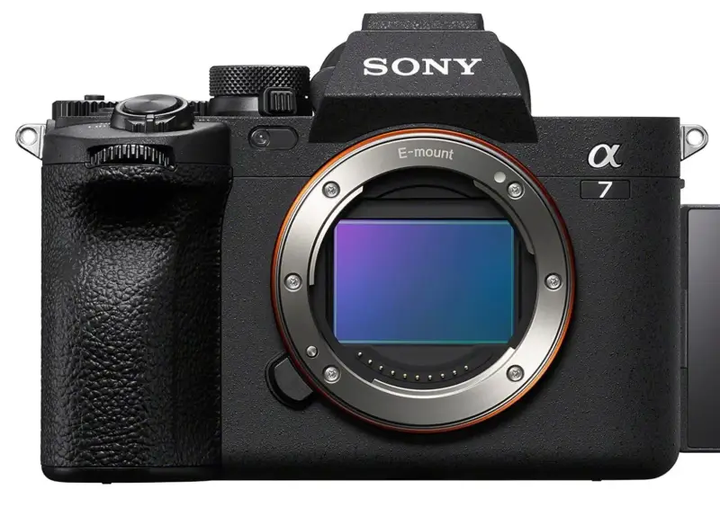 A black Sony mirrorless camera with a lens mount, no lens attached, showing the camera sensor.