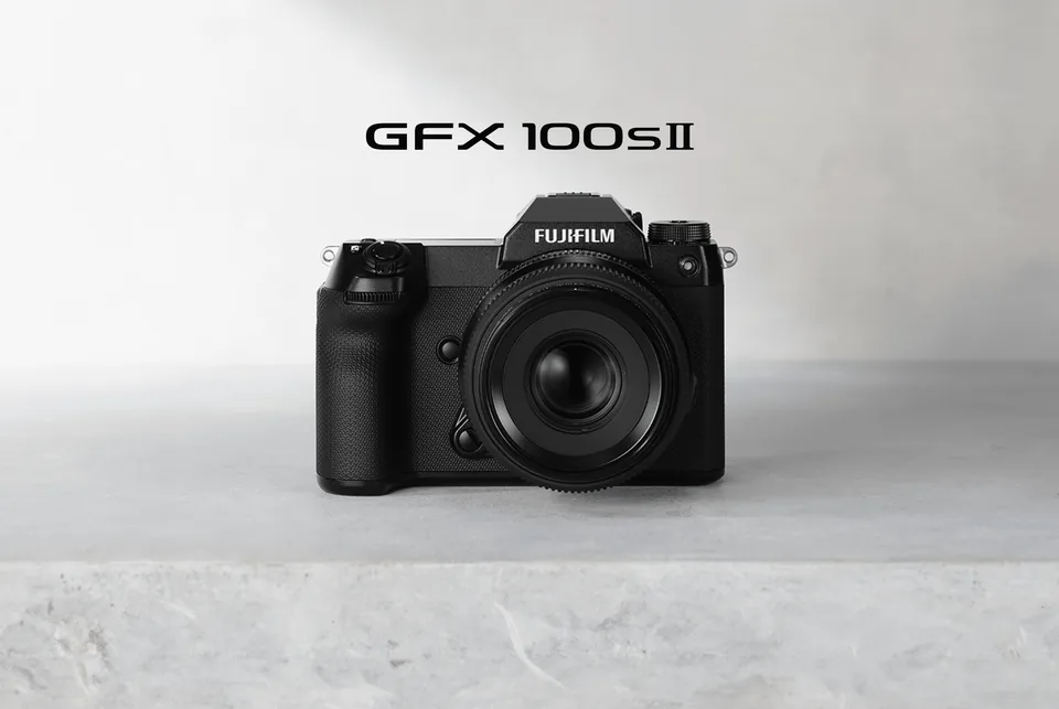 Fujifilm GFX100S II medium-format camera on a stone display